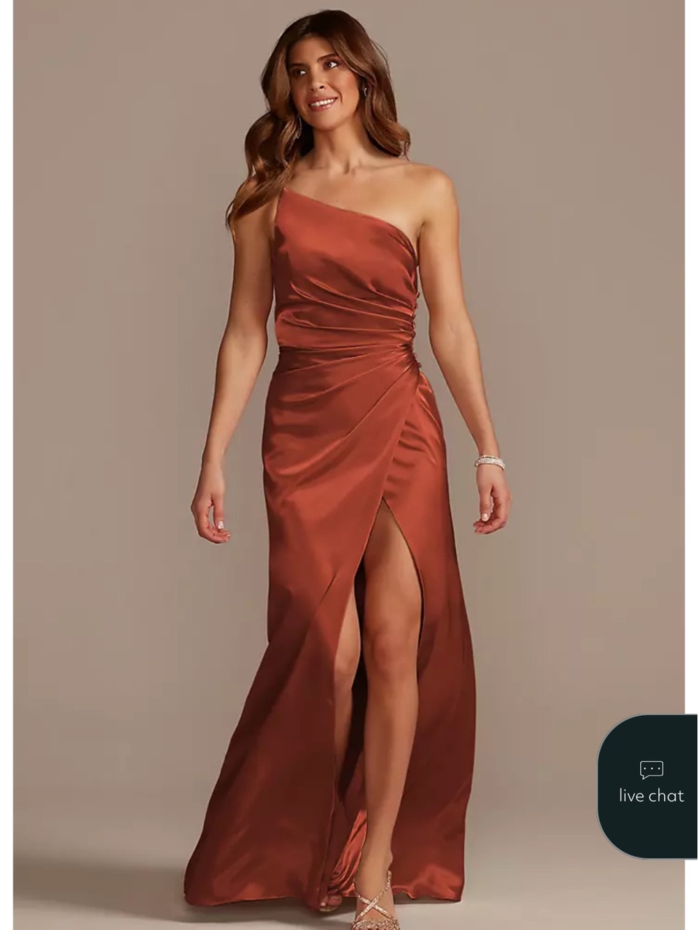 David's Bridal One-Shoulder Satin Gown in Rust